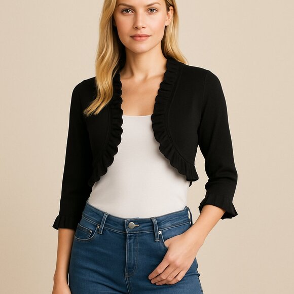 2/$30 Jones New York Knit Bolero Ruffle Cropped Cardigan Black Medium #BAG5 - Picture 1 of 7